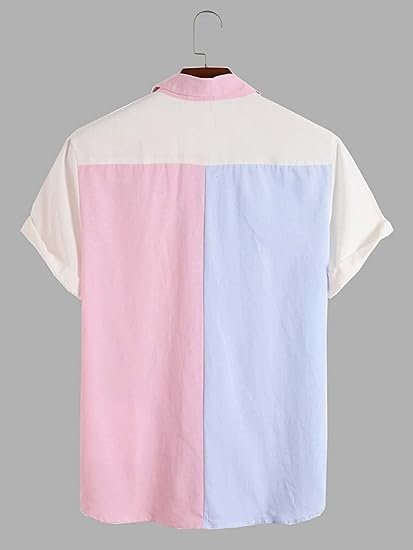 Men's Colorblock Button Down Short Sleeve Pocket Front Shirt Tops
