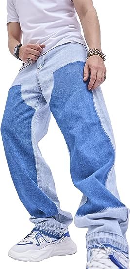 Men's Loose Color Block Wide Leg Button Up Zipper Fly Casual Denim Pants