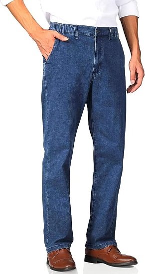 Mens Elastic Waist Jeans Relaxed Fit with Zipper and Button